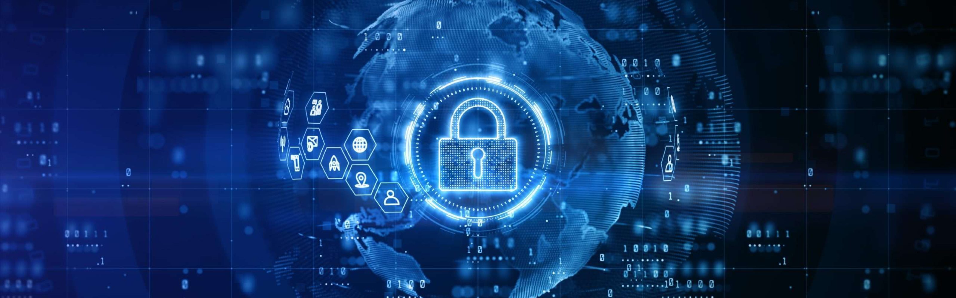 Padlock of Cyber Security Digital Data, Digital Data Network Protection, Global Network 5g High-Speed Internet Connection and Big Data Analysis Future Background Concept. 3d renderingConcept.
