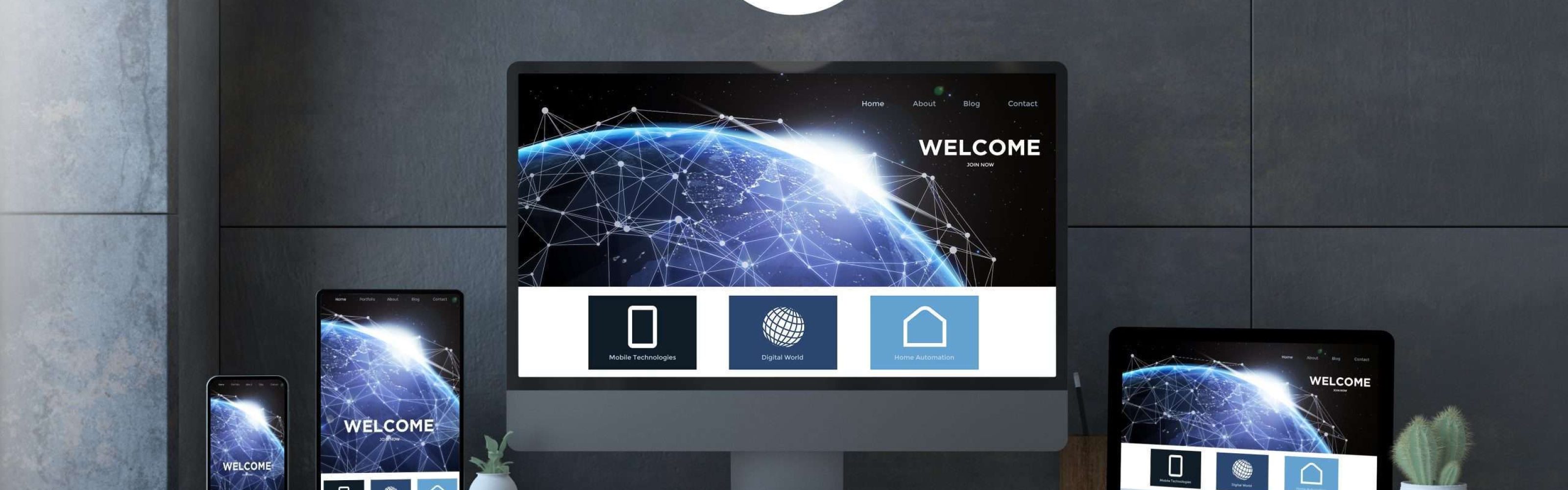 Responsive devices on elegant desktop with space website 3d rendering