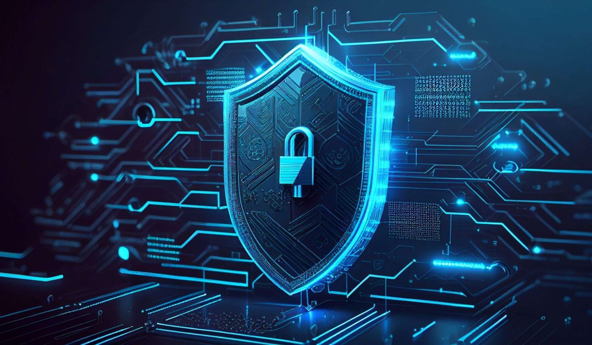 In this abstract cyberattack block concept, Generative AI, a shield with a lock icon is depicted on a circuit board and network wireframe with binary code over a blue background.