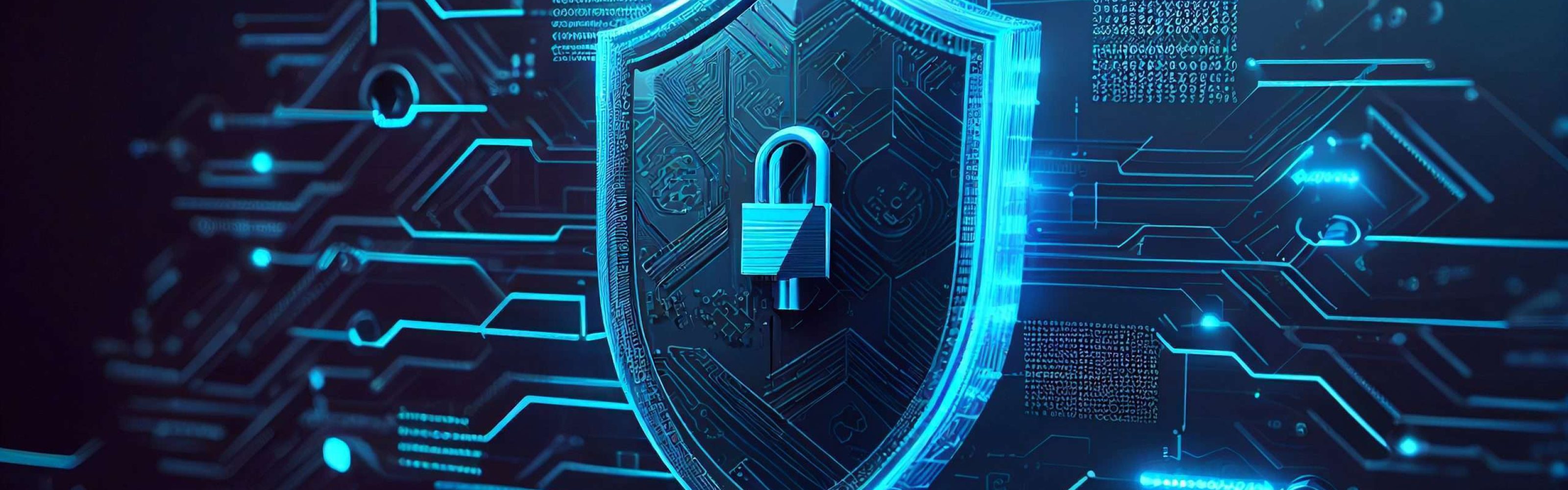 In this abstract cyberattack block concept, Generative AI, a shield with a lock icon is depicted on a circuit board and network wireframe with binary code over a blue background.