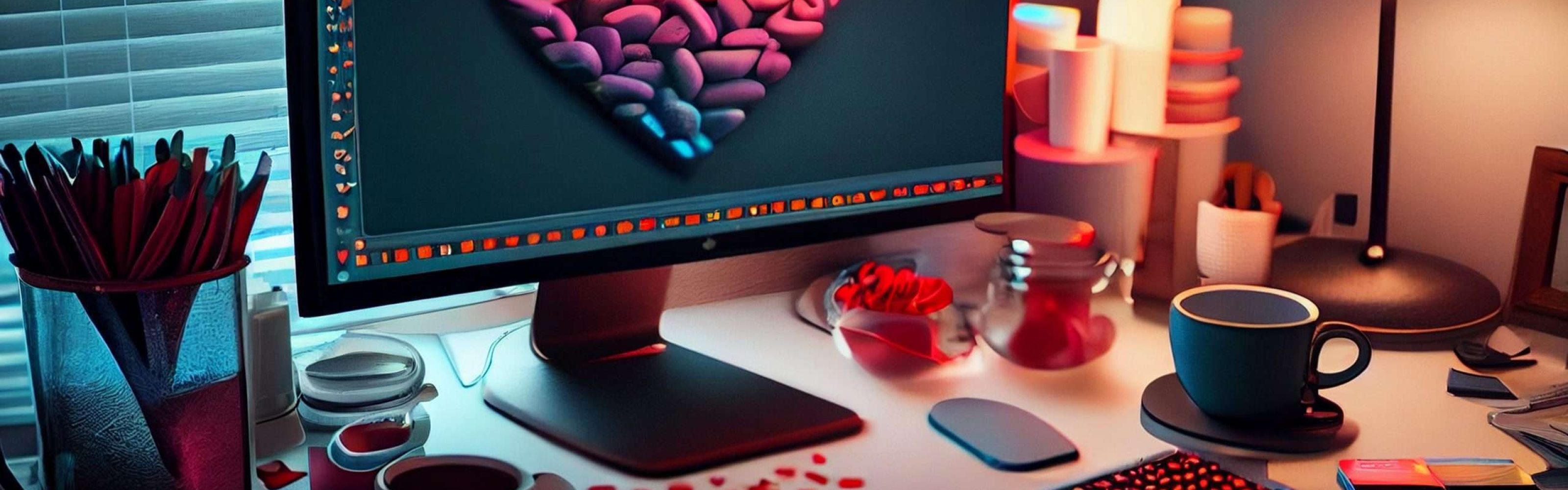 Valentines day decorated home office desk with a lot of hearts created .generative ai